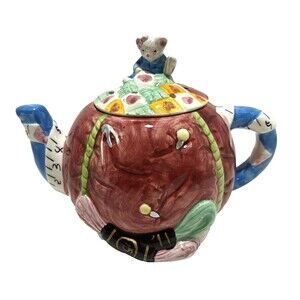 Vintage LEFTON China Tea Pot Ceramic Mouse Sewing Basket Theme - Hand Painted